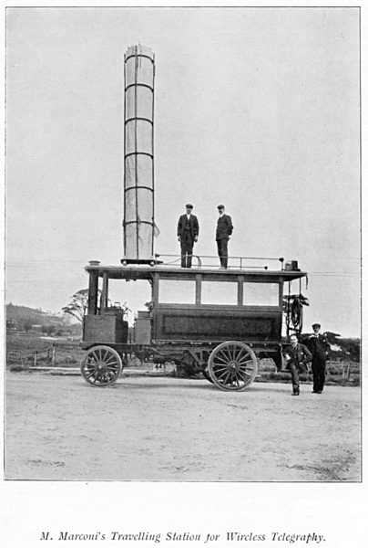 Mobile radio station used by Marconi. Illustration published London 1903 ED