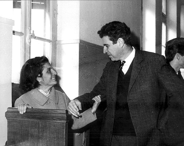 Greek composer Mikis Theodorakis receives congratulations from his wife...