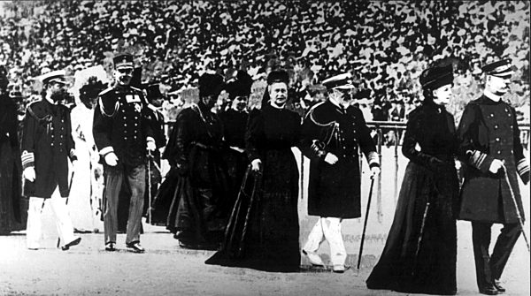 The Olympics 1896. The opening state ceremony walking through the arena...