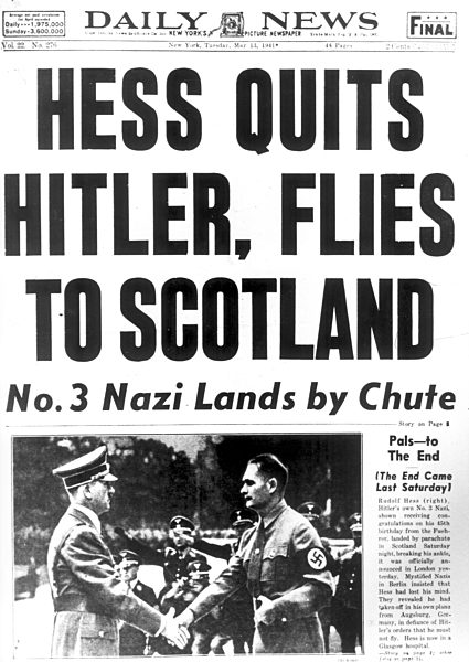 Front page of the Daily News in New York Rudolph Hess quits Adolf Hitler and...