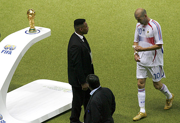 Zinedine Zidane from France leaves the pitch after a red card during the...