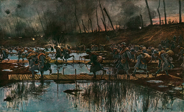 In Flanders; The Yser Offensive (1917); Cossing of the Yser canal by infantry...1917 Creator: Francois Flameng.