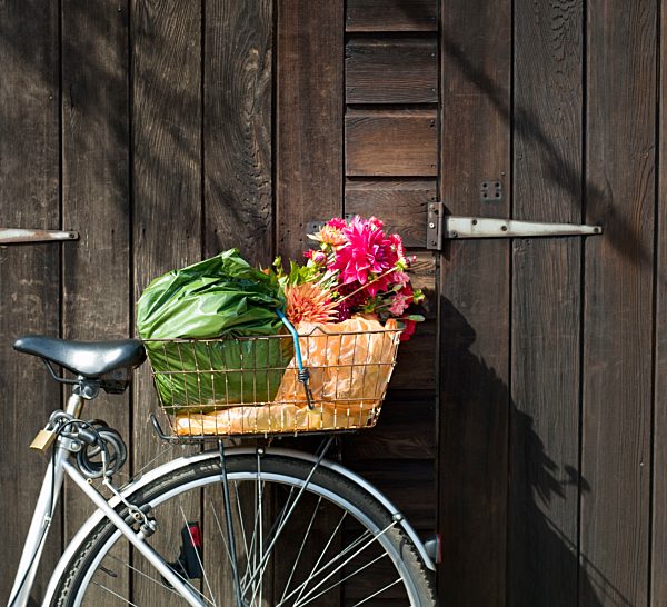 Cropped bike basket containing shopping