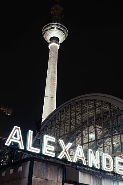 Alexander platz station and television tower at night, Berlin, Germany