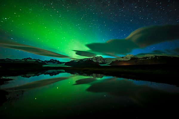 Aurora borealis over lake, Freysnesi, Skaftafell, Skaftafell National Park, Iceland