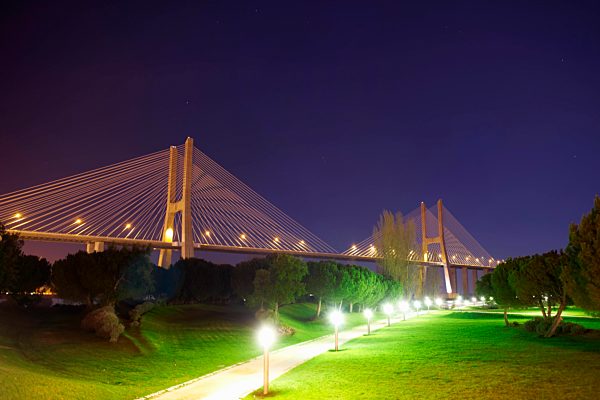 Vasco da Gama Bridge at night, Lisbon, Portugal