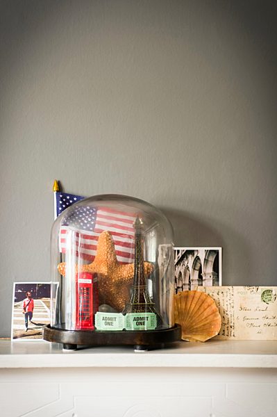 Collection of objects from vacations and travel with glass dome