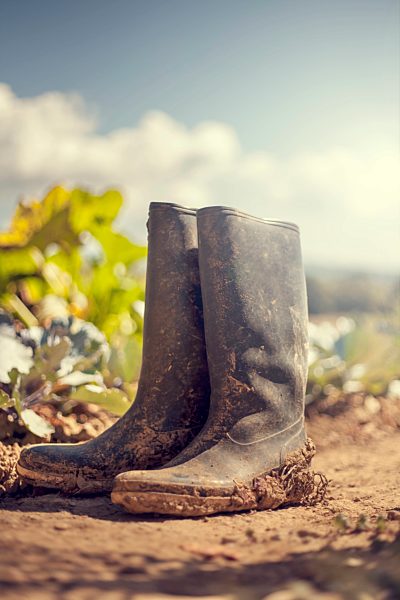 Dirty rubber boots on garden soil