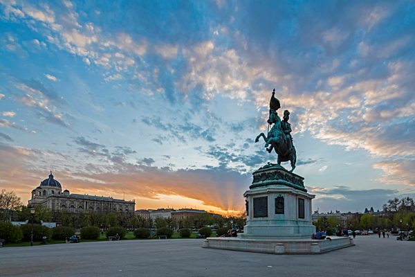Austria, Vienna, Equestrian statue of Archduke Charles at Heldenplatz in the evening