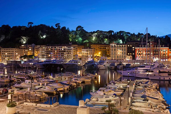 France, Provence-Alpes-Cote d'Azur, Nice, Port Lympia at blue hour