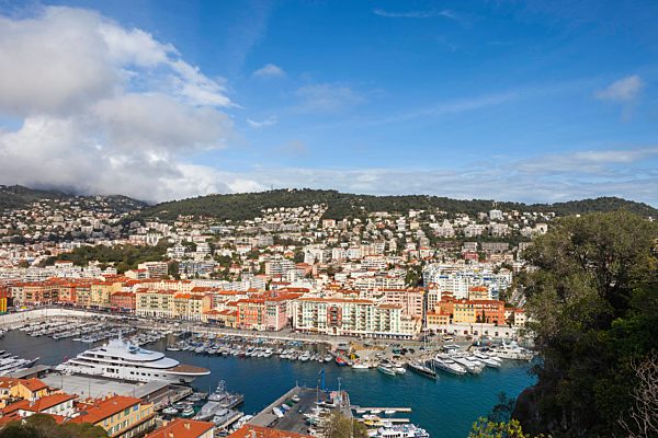 France, Provence-Alpes-Cote d'Azur, Nice, Cityscape and Port Lympia from above