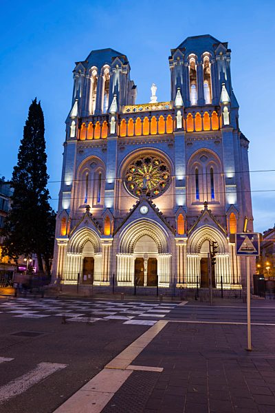 France, Provence-Alpes-Cote d'Azur, Nice, Basilica of Notre-Dame de Nice at dusk