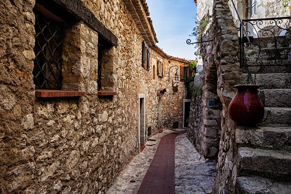 France, Provence-Alpes-Cote d'Azur,  Eze, medieval village, narrow alley and old stone houses
