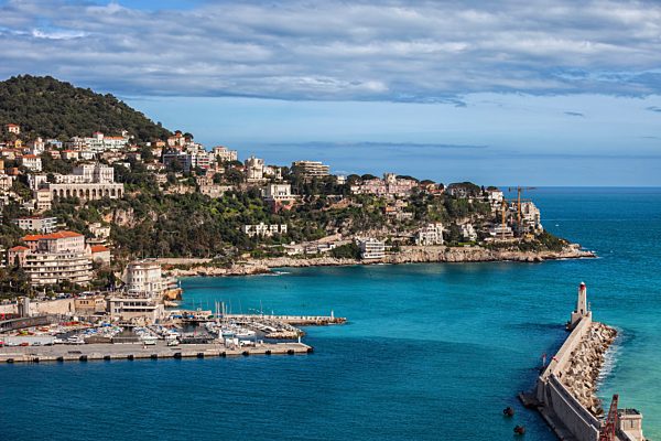 France, Provence-Alpes-Cote d'Azur, Nice, French Riviera coastline at Mediterranean Sea, Port entrance