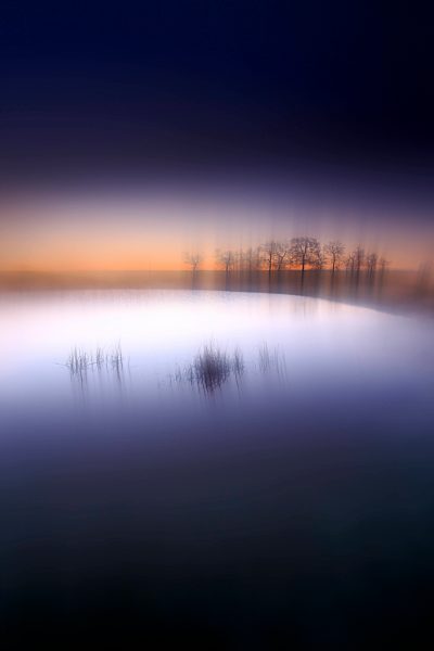 Spain, Castilla y Leon, Province of Zamora, Reserva natural de Lagunas de Villafafila, lake at sunset