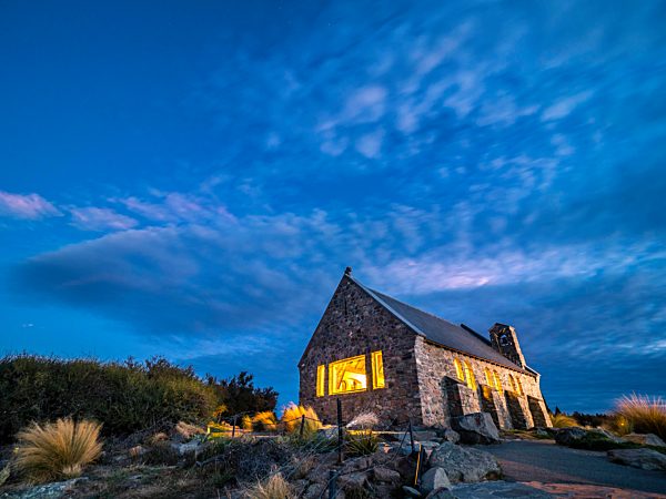New Zealand, South Island, Canterbury Region, Church of the Good Shepherd at twilight