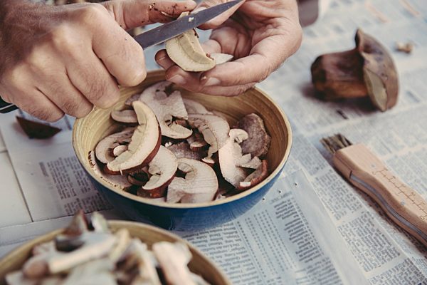 Man's hand slicing orange bolete