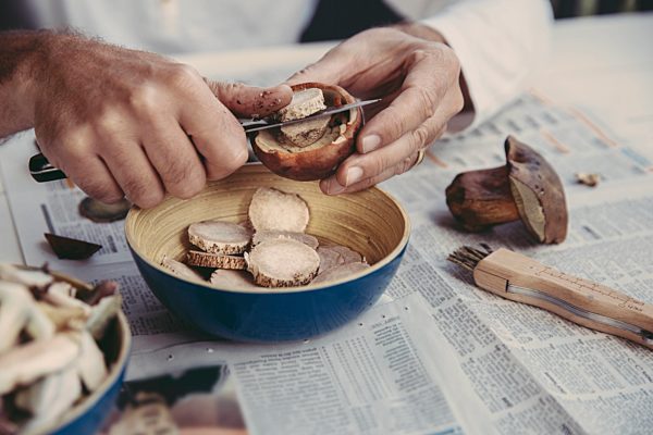 Man's hand slicing orange bolete