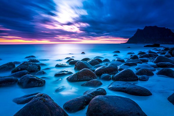 Norway, Lofoten, Utakleiv, beach at sunset