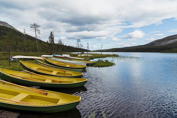 Finland, Lapland, rowing boats at the lakeside