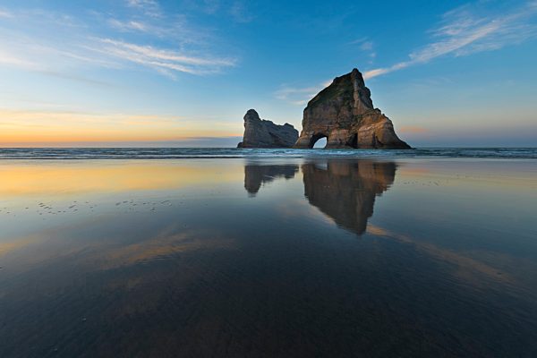 New Zealand, South Island, Puponga, Wharariki Beach, Archway Island in the evening