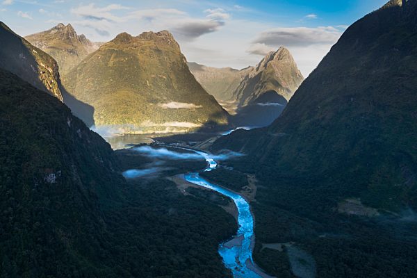 New Zealand, South Island, Fjordland National Park, Aerial view of Milford Sound
