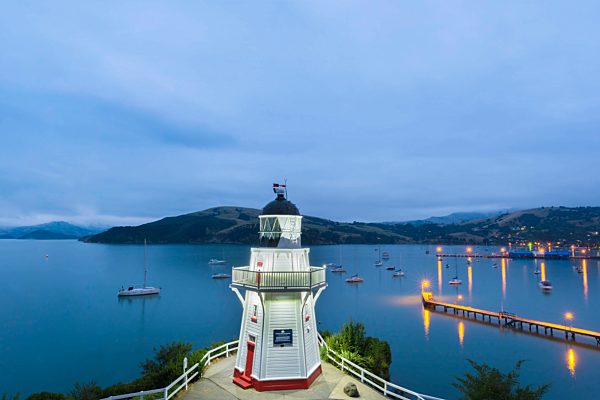 New Zealand, South Island, Canterbury, Banks Peninsula, Akaroa Lighthouse at Dusk