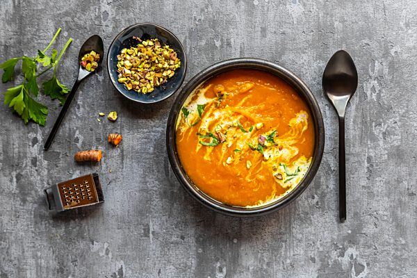 Sweet potato soup with curcuma, coriander and pistazio