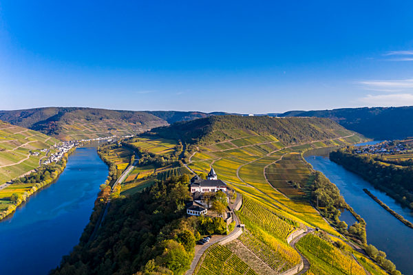 Germany, Rhineland-Palatinate, vineyards and Marienburg near Puenderich, Moselle river