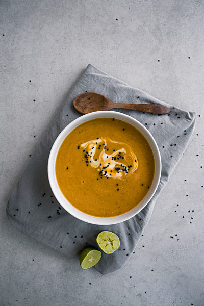 Lentil soup with sweet potato and bread, from above