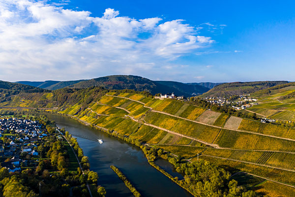 Germany, Rhineland-Palatinate, vineyards and Marienburg near Puenderich, Moselle river