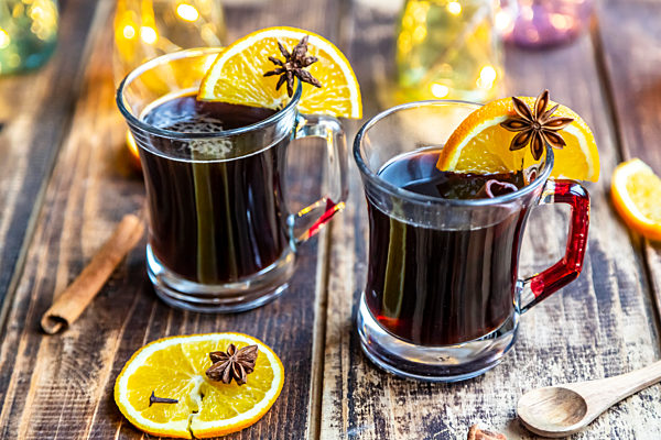 Homemade mulled beer, garnished with cinnamon and star anise