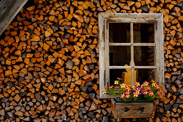 Italy, Sottoguda, old farm house, firewood and window with flower box