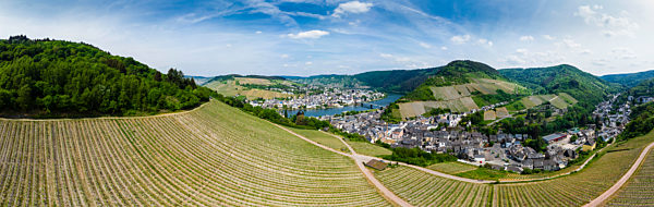 Germany, Rhineland-Palatinate, Panoramic view of Traben-Trarbach with Moselle river, vine yard