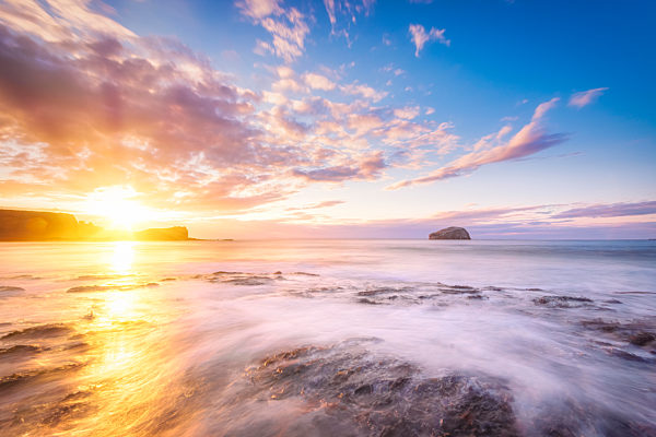 Bass Rock in distance at sunset, North Berwick, East Lothian, Scotland