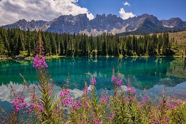 Italy, South Tyrol, Scenic view of Lake Carezza in summer