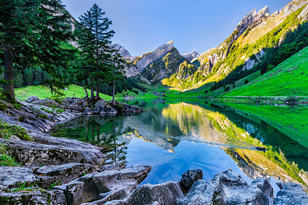 Scenic shore of Seealpsee lake at dawn