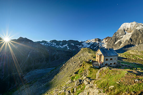 Hintergrathutte refuge in Ortler Alps at sunrise
