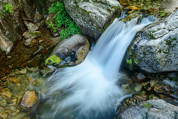 Long exposure of clear mountain stream in Cottian Alps