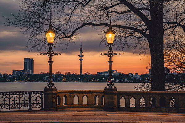 Germany, Hamburg, Schwanenwikbrucke street lights at dusk