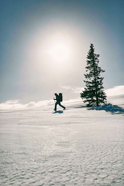 Norway, Gjevsjoen, Sun shining over silhouette of lone hiker trudging through snow