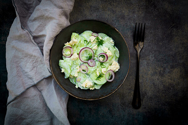 Studio shot of bowl of cucumber salad with yogurt, onions and feta cheese