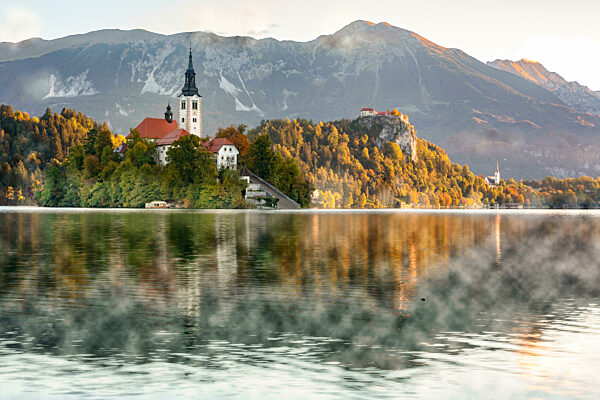 Slovenia, Bled, View of Bled Island with mountains in background
