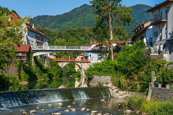 Slovenia, Upper Carniola, Skofja Loka, Bridges over Selska Sora river in summer