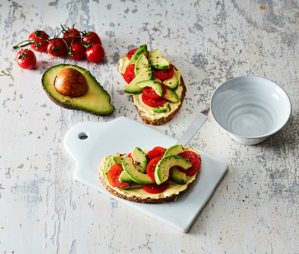 Studio shot of vegan sandwiches with tomatoes and avocado