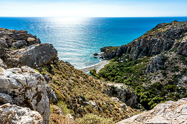 Greece, Crete, Preveli Beach seen from mountaintop