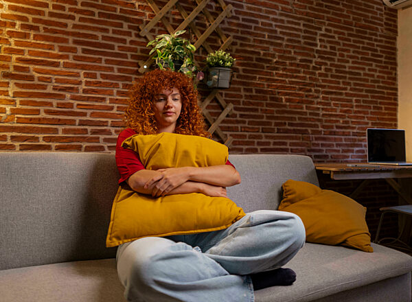 Sad curly hair woman holding cushion and siting on sofa at home