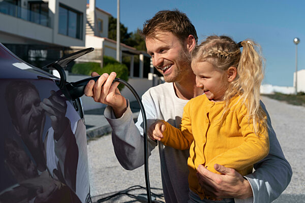 Happy father charging electric car with daughter at sunny day