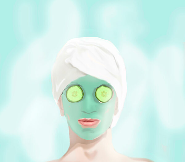 Illustration of a person with a face mask and cucumbers in a sauna