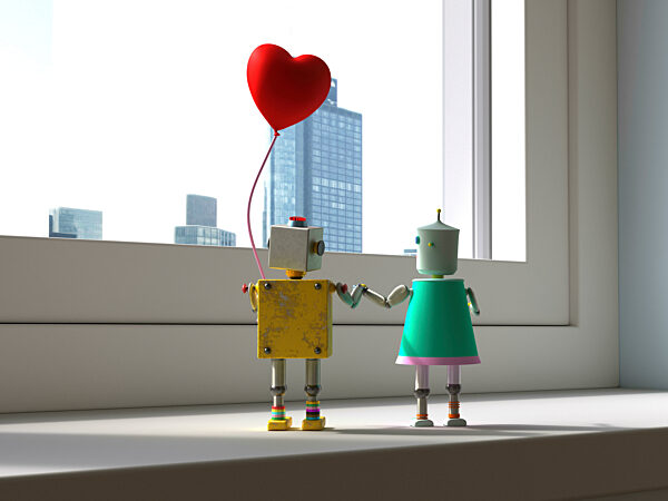 Two robots holding hands with a heart balloon on a window ledge overlooking a cityscape